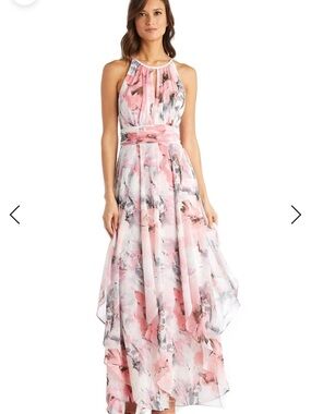 R&M Richards Pink Floral Halter-Style Chiffon Maxi Dress